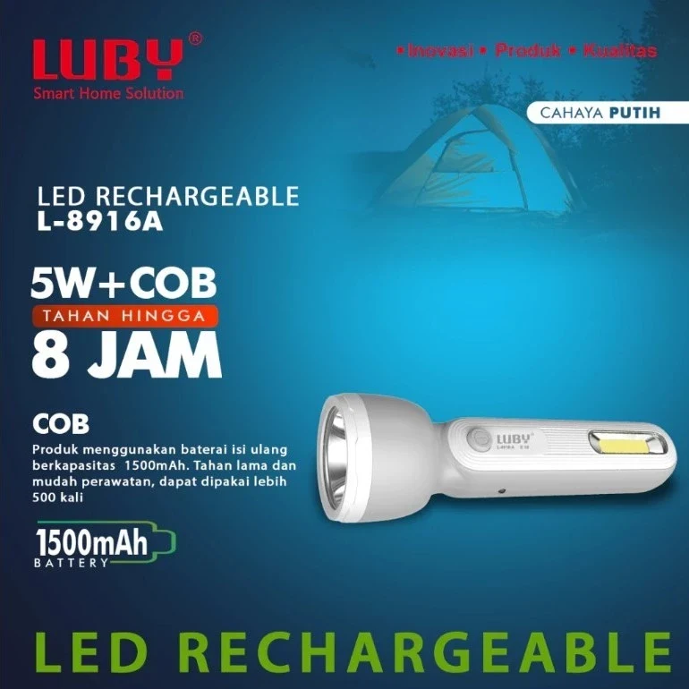 LUBY Flashlight Senter Tangan 5 Watt Tahan Lama Rechargeable L 8916A ...